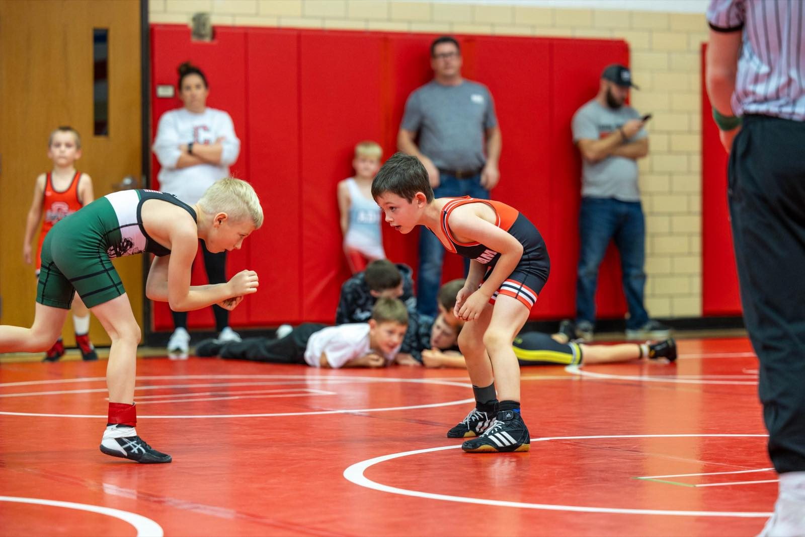 Two Earlham youth wrestlers on the mat